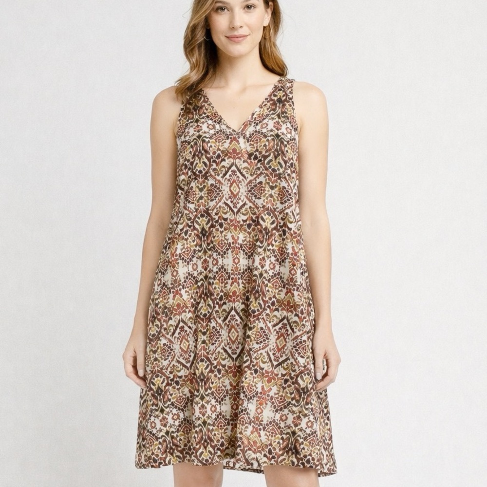 Garnet Hill Sleeveless Cotton Dress XS Brown Boho Print Lined